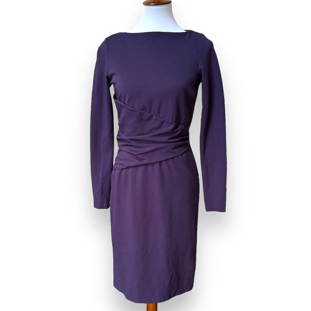 🍀Worth Womens Sheath Dress Purple Long Sleeve Rayon Blend Stretch Ruched Zip 6